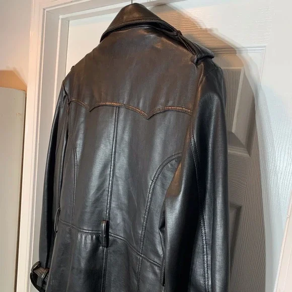 EUC Kings Image Faux Leather‎ Fleece Lined Double Breasted Trenchcoat Size 42